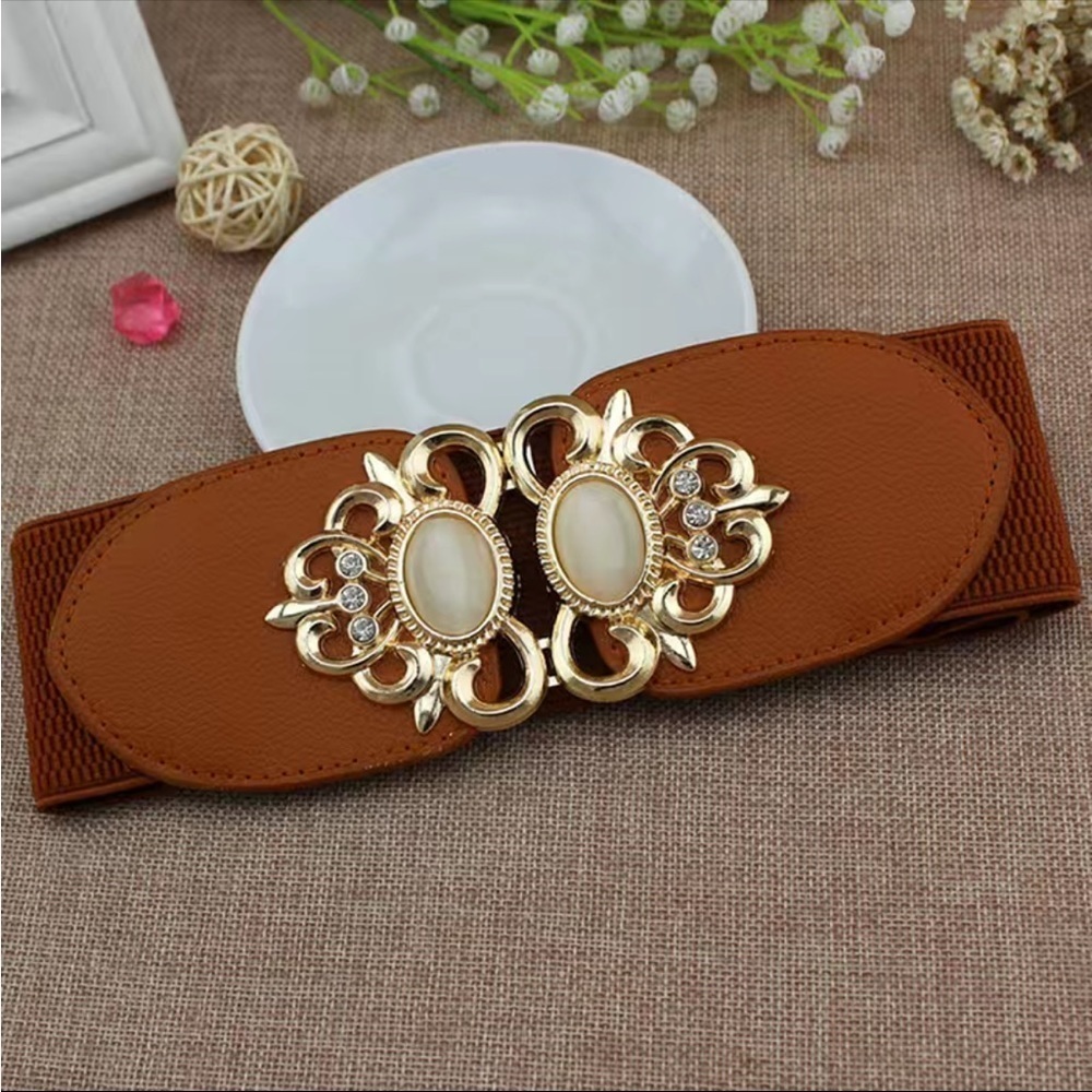 Elastic Leather Gemstone Wide Fashion Belt